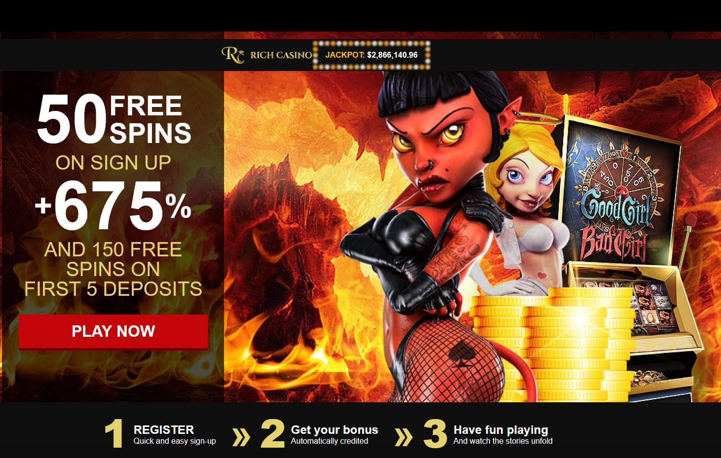 Rich Casino - 50 Free Spins on SUP + 675% and 150 Free Sips